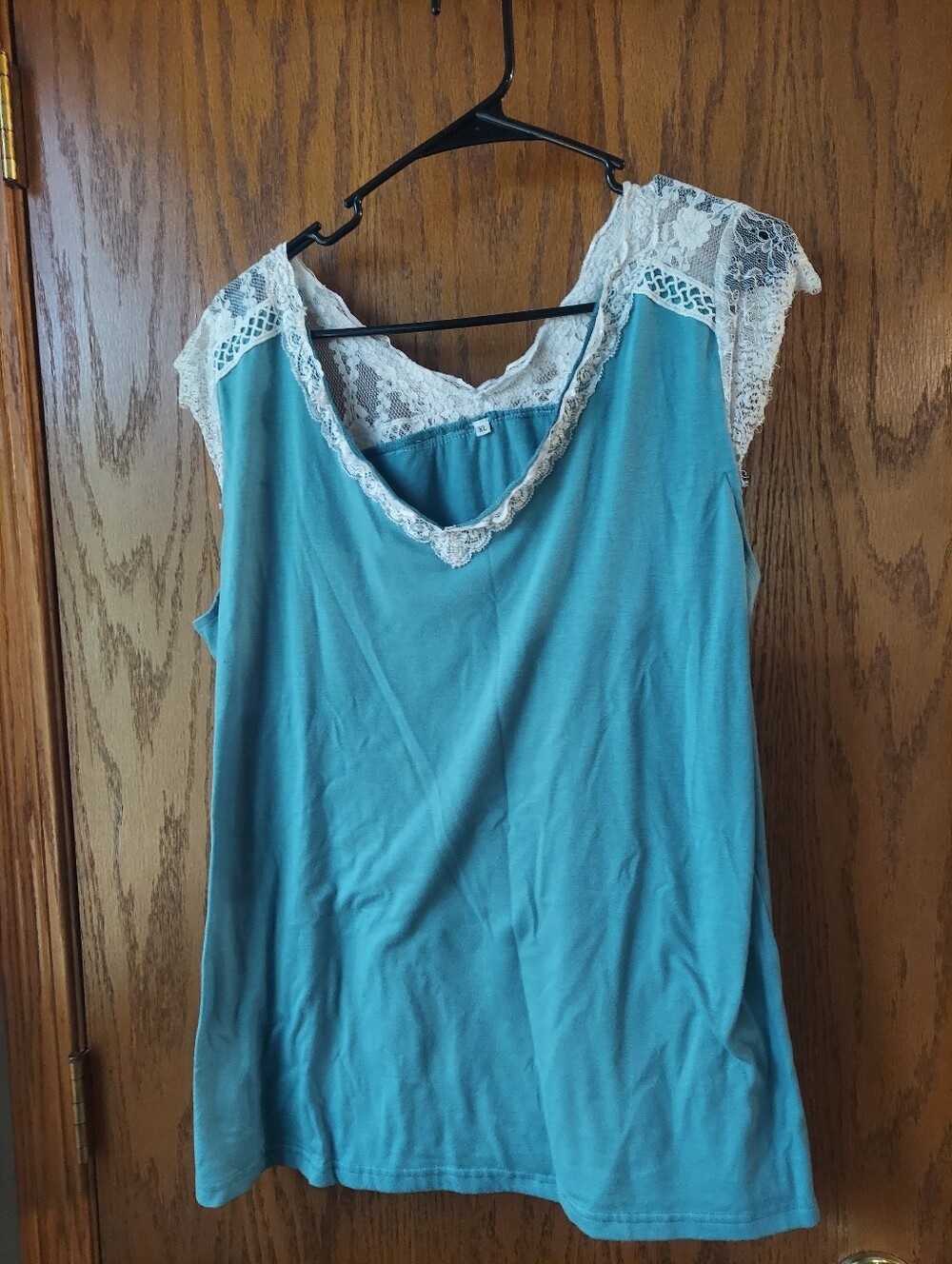 Teal Lace Trim V-Neck Short Sleeve Top | Size XL